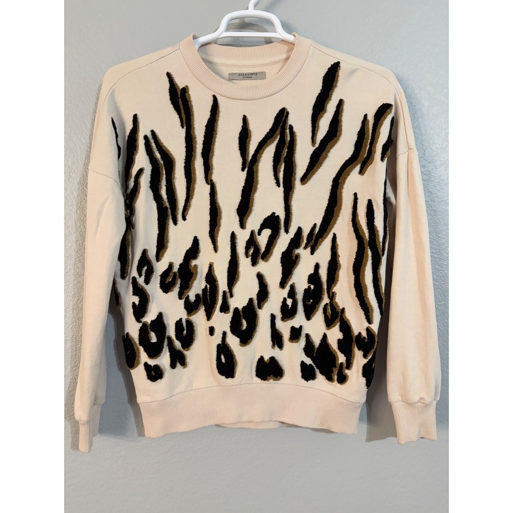 AllSaints Soar Sweat Cream Animal Print Tufted Crewneck Sweatshirt XS WM394K